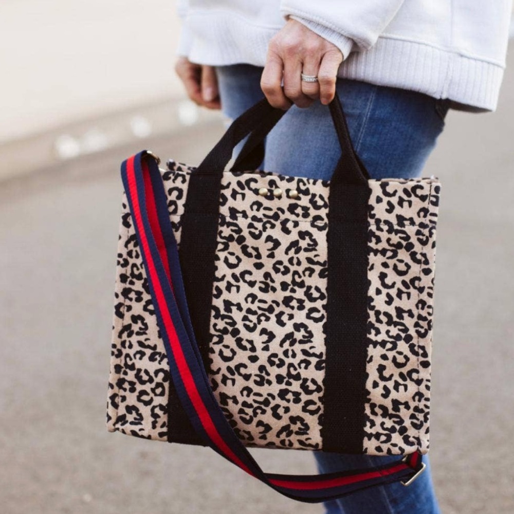 Leopard Print Canvas Crossbody Tote Bag with Strap.